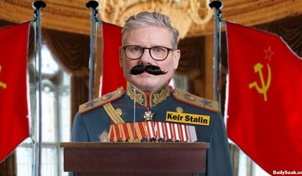 UK Prime Minister Keir Starmer wearing a Joseph Stalin uniform while speaking on protesters.