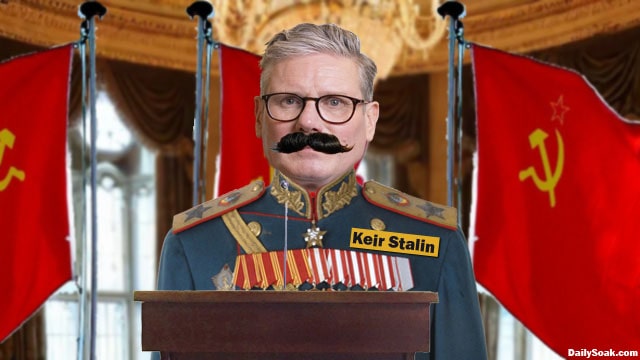 UK Prime Minister Keir Starmer wearing a Joseph Stalin uniform while speaking on protesters.