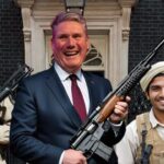 UK Prime Minister Keir Starmer holding a gun next to two illegal immigrants.