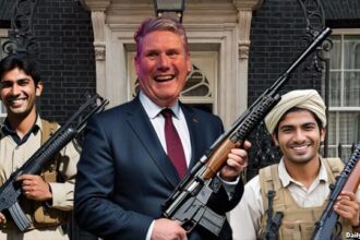 UK Prime Minister Keir Starmer holding a gun next to two illegal immigrants.