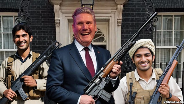 UK Prime Minister Keir Starmer holding a gun next to two illegal immigrants.