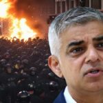 Mayor Sadiq Khan in front of mass riots and stabbings on a London street.