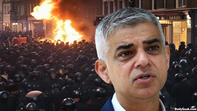 Mayor Sadiq Khan in front of mass riots and stabbings on a London street.