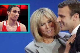 Emmanuel Macron with wife Brigitte next to Olympics Algerian boxer.