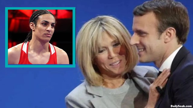 Emmanuel Macron with wife Brigitte next to Olympics Algerian boxer.