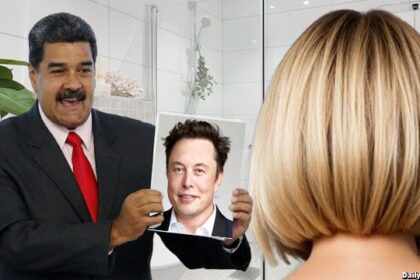 Venezuela President Maduro holding a picture of Elon Musk in front of his wife.