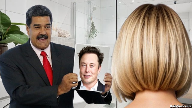 Venezuela President Maduro holding a picture of Elon Musk in front of his wife.