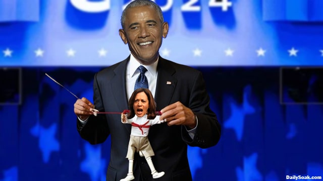 Barack Obama at the DNC holding a Kamala Harris puppet.