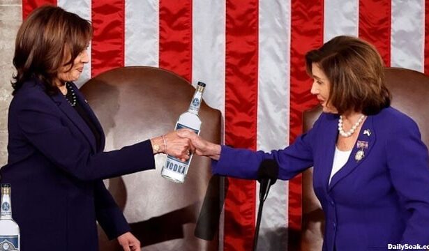 Nancy Pelosi and Kamala Harris holding a bottle of alcohol.