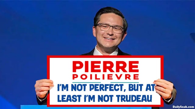 Canadian Pierre Poilievre holding up campaign sign.