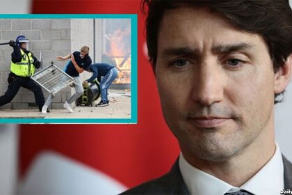 Justin Trudeau watching Keir Starmer's police beat UK protesters.