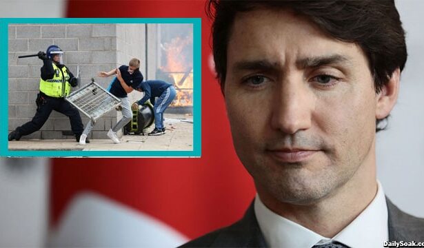 Justin Trudeau watching Keir Starmer's police beat UK protesters.