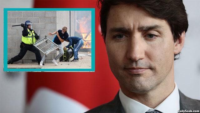 Justin Trudeau watching Keir Starmer's police beat UK protesters.