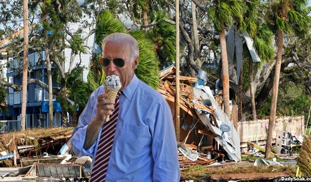 Joe Biden eating ice cream while surveying hurricane damage.