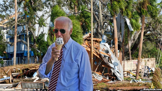 Joe Biden eating ice cream while surveying hurricane damage.