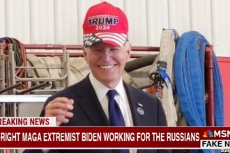 Joe Biden wearing a Trump MAGA hat.