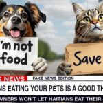 Fake CNN headline with cats and dogs talking about Haitians eating pets.