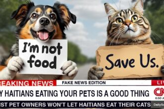 Fake CNN headline with cats and dogs talking about Haitians eating pets.