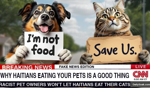 Fake CNN headline with cats and dogs talking about Haitians eating pets.