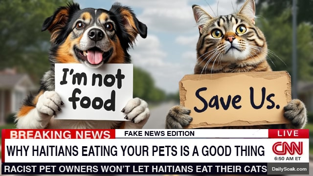 Fake CNN headline with cats and dogs talking about Haitians eating pets.