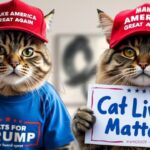 Two cats wearing Donald Trump Make America Great Again hats protesting the Haitian immigrants eating them.