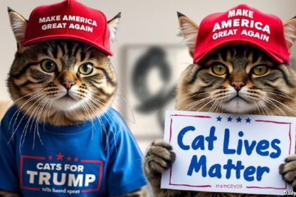 Two cats wearing Donald Trump Make America Great Again hats protesting the Haitian immigrants eating them.