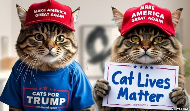 Two cats wearing Donald Trump Make America Great Again hats protesting the Haitian immigrants eating them.