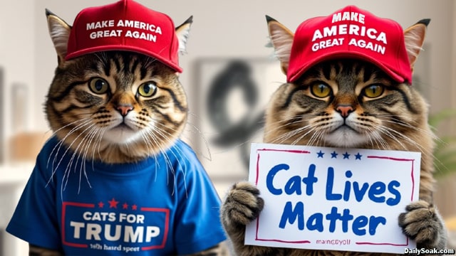 Two cats wearing Donald Trump Make America Great Again hats protesting the Haitian immigrants eating them.