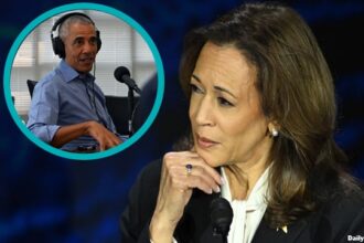 Kamala Harris listening to Barack Obama on her audio earrings during presidential debate.