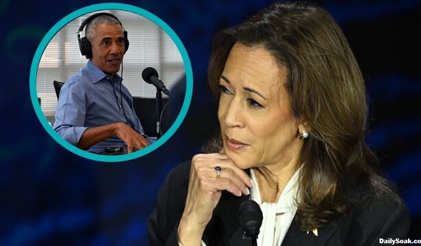 Kamala Harris listening to Barack Obama on her audio earrings during presidential debate.