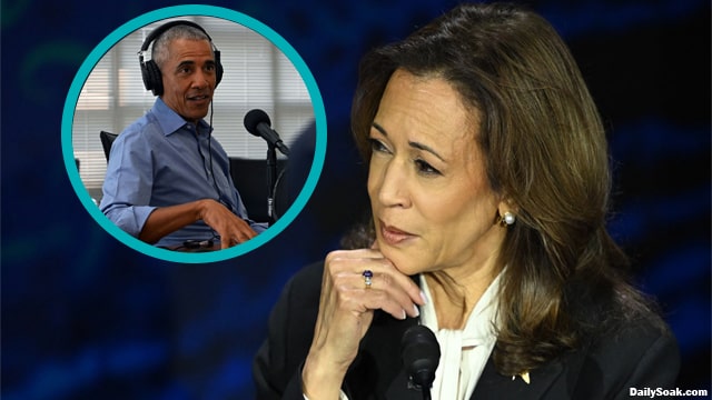 Kamala Harris listening to Barack Obama on her audio earrings during presidential debate.