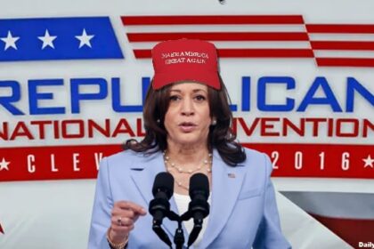 Kamala Harris wearing a Donald Trump MAGA hat.