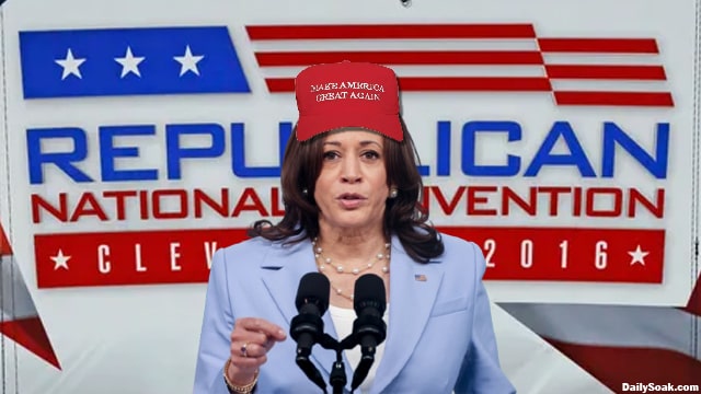 Kamala Harris wearing a Donald Trump MAGA hat.