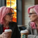 Two liberal white Kamala Harris women voters sitting inside Starbucks.