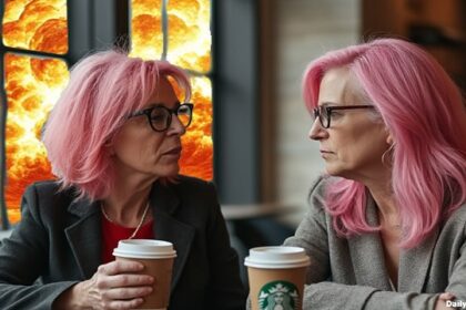 Two liberal white Kamala Harris women voters sitting inside Starbucks.