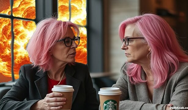 Two liberal white Kamala Harris women voters sitting inside Starbucks.