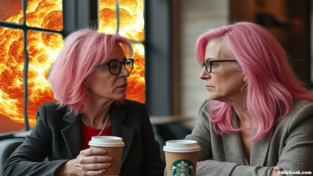 Two liberal white Kamala Harris women voters sitting inside Starbucks.