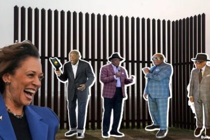 Kamala Harris smiling at Willie Brown at southern Texas border wall.