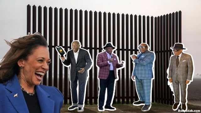 Kamala Harris smiling at Willie Brown at southern Texas border wall.