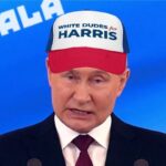 Vladimir Putin wearing a White Dudes For Kamala Harris hat.