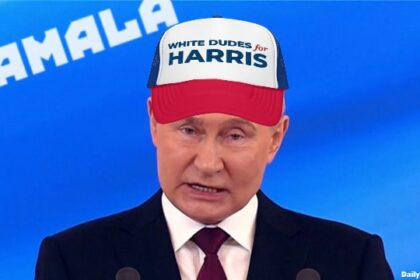 Vladimir Putin wearing a White Dudes For Kamala Harris hat.