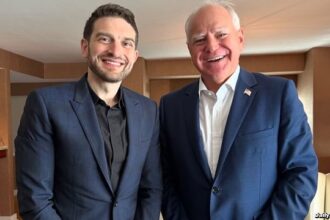 Tim Walz and Alex Soros inside of a New York City apartment.