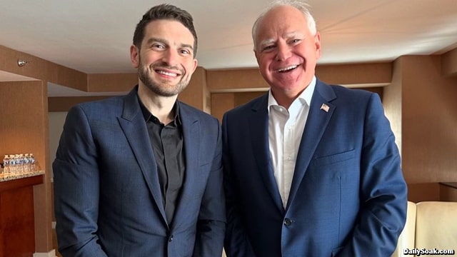 Tim Walz and Alex Soros inside of a New York City apartment.