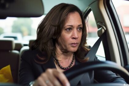 Kamala Harris inside of a car at a McDonald's drive-through window.