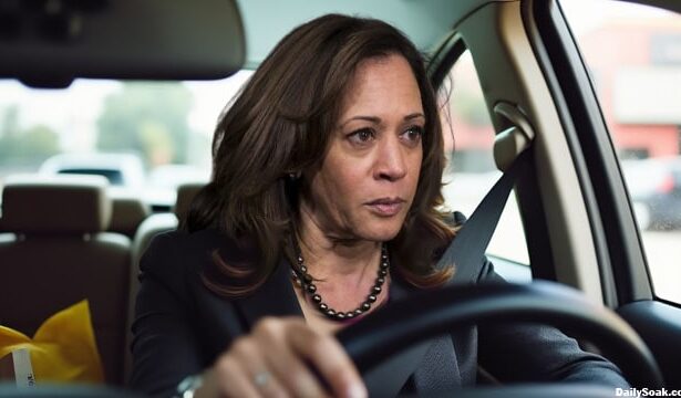 Kamala Harris inside of a car at a McDonald's drive-through window.