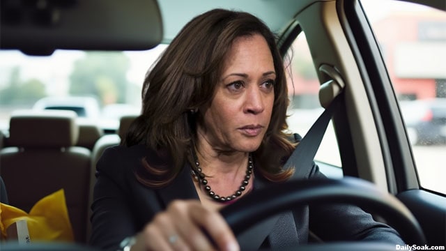 Kamala Harris inside of a car at a McDonald's drive-through window.