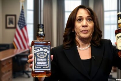 Kamala Harris drunk on campaign trail holding two bottles of whiskey and bourbon.