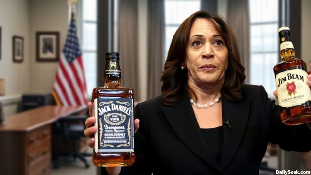 Kamala Harris drunk on campaign trail holding two bottles of whiskey and bourbon.