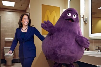 Grimace and Kamala Harris inside a McDonald's bathroom.