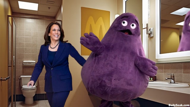 Grimace and Kamala Harris inside a McDonald's bathroom.